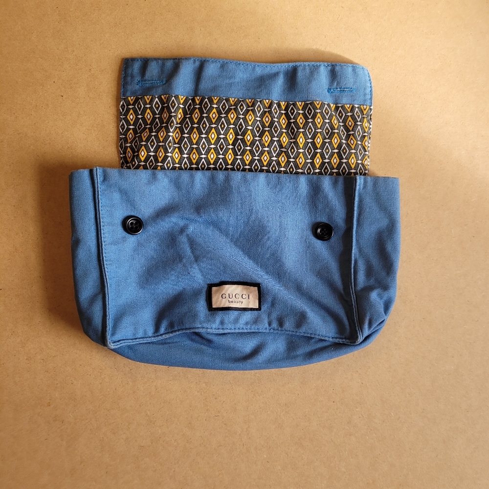 Gucci Blue and Gold Patterned Cosmetic Bag